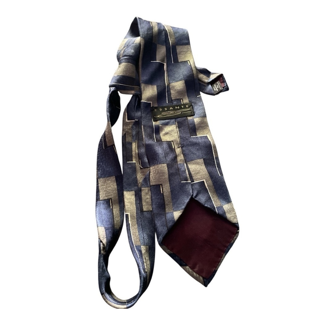 ESSANTE 100% Silk Geometric Navy Blue and Gray Men's Tie - Picture 4 of 6